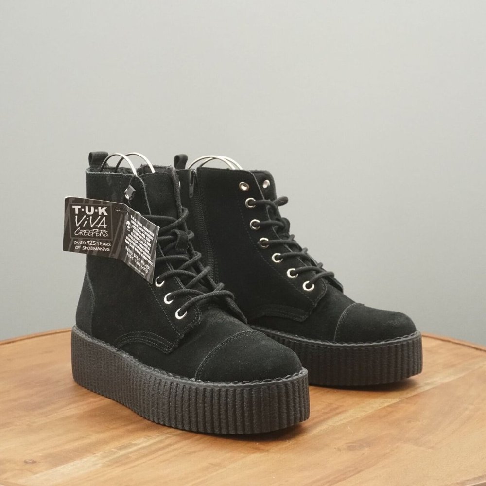 TUK Womens Viva Creepers Mondo Boots Lace Up Black Suede Size 9